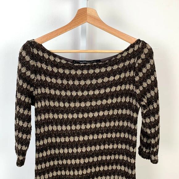 La Fee 3 S Maraboutee Italy Crochet Knit Sweater Dress 3/4 Sleeve Stripe Brown - Picture 4 of 8